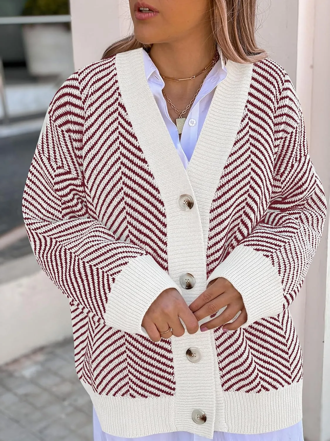 ZAFUL Women's Striped Cardigan Long Sleeve Button Up Open Front Knit Oversized Sweater