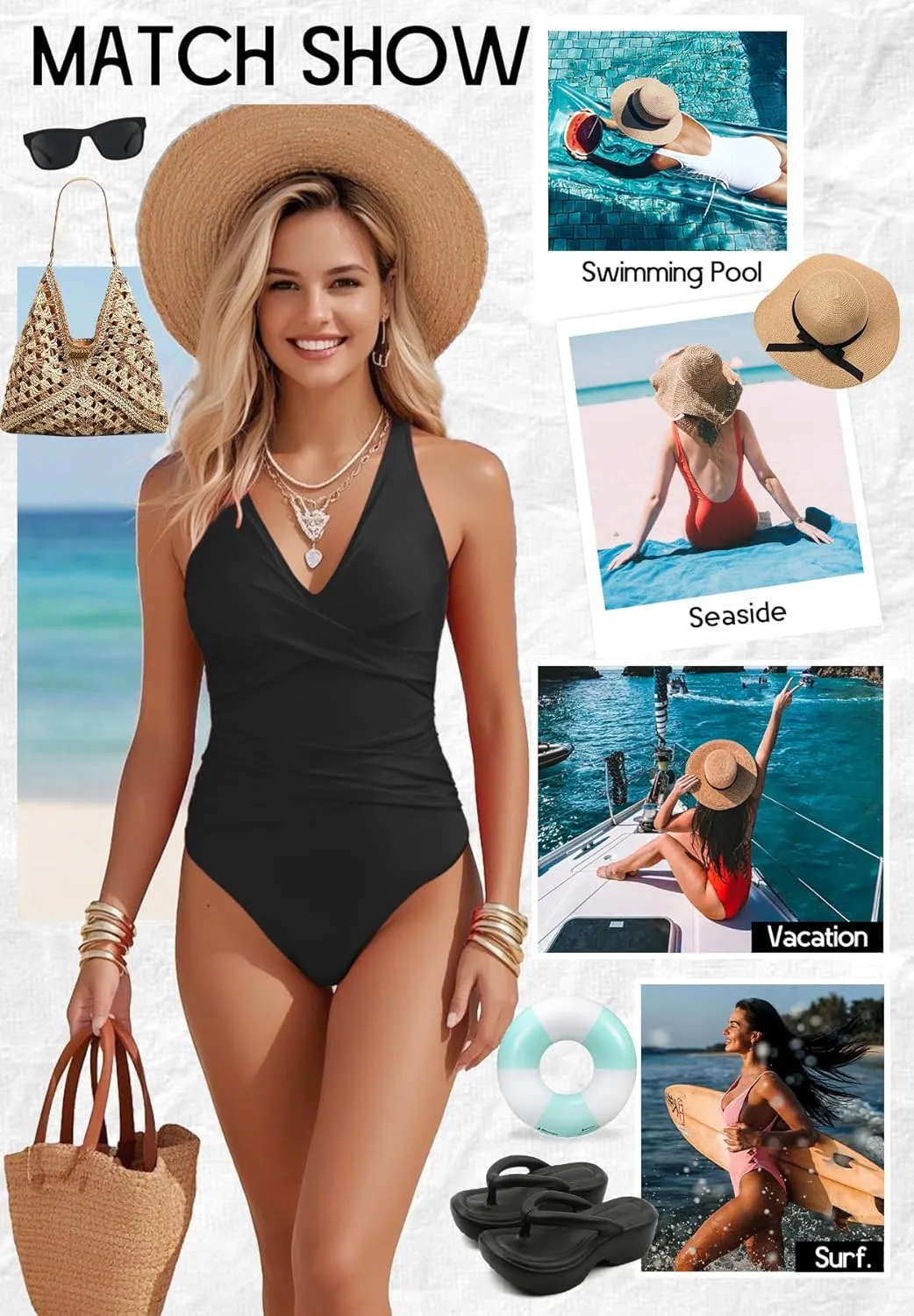 Zando Tummy Control Swim Suits for Women 2025 V Neck One Piece Swimsuit Vintage Bathing Suit Slimming Swimwear