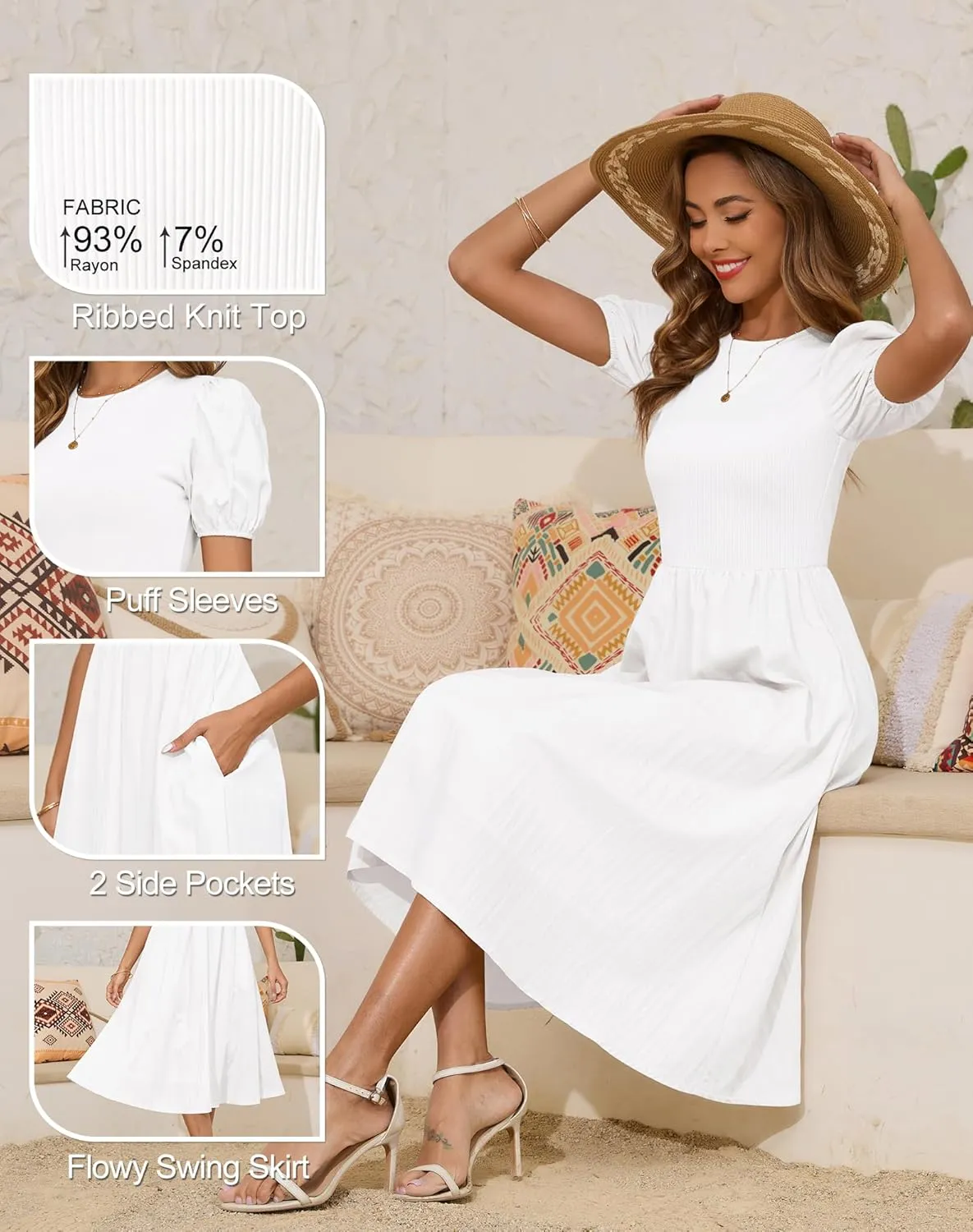 Zattcas Womens 2025 Summer Casual Ribbed Midi Dress Crewneck Short Puff Sleeve Striped Fit and Flare Flowy Dress with Pockets