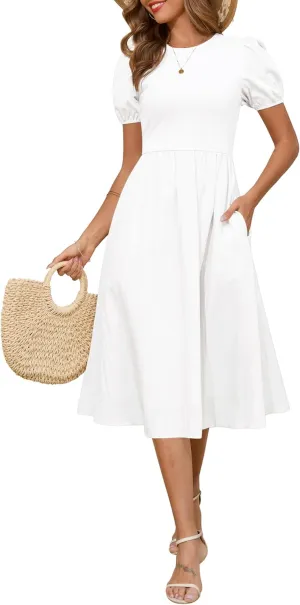 Zattcas Womens 2025 Summer Casual Ribbed Midi Dress Crewneck Short Puff Sleeve Striped Fit and Flare Flowy Dress with Pockets