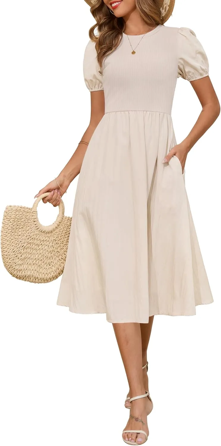 Zattcas Womens 2025 Summer Casual Ribbed Midi Dress Crewneck Short Puff Sleeve Striped Fit and Flare Flowy Dress with Pockets