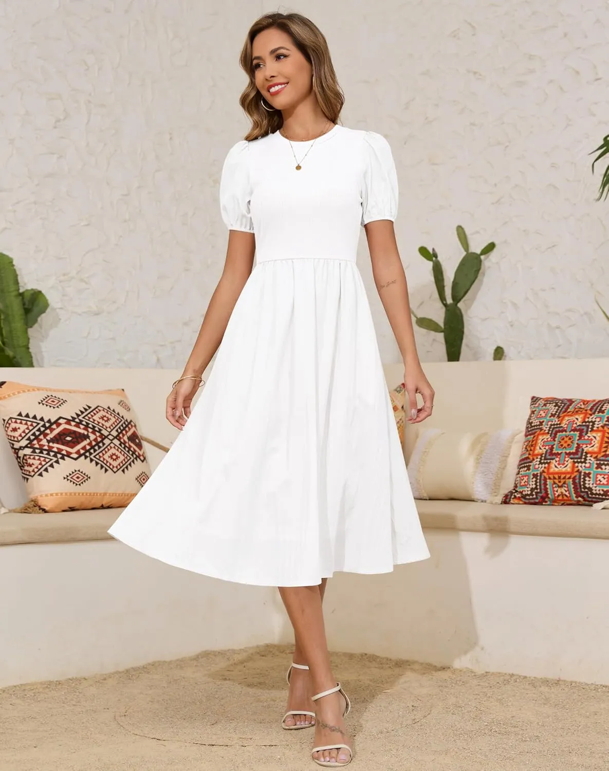 Zattcas Womens 2025 Summer Casual Ribbed Midi Dress Crewneck Short Puff Sleeve Striped Fit and Flare Flowy Dress with Pockets