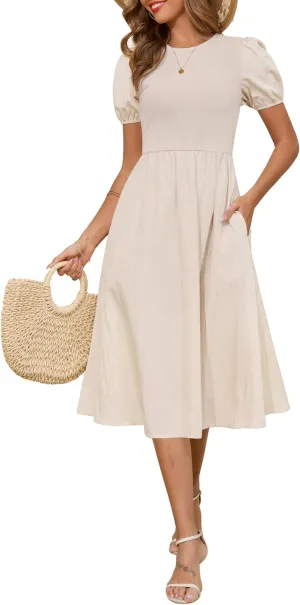 Zattcas Womens 2025 Summer Casual Ribbed Midi Dress Crewneck Short Puff Sleeve Striped Fit and Flare Flowy Dress with Pockets