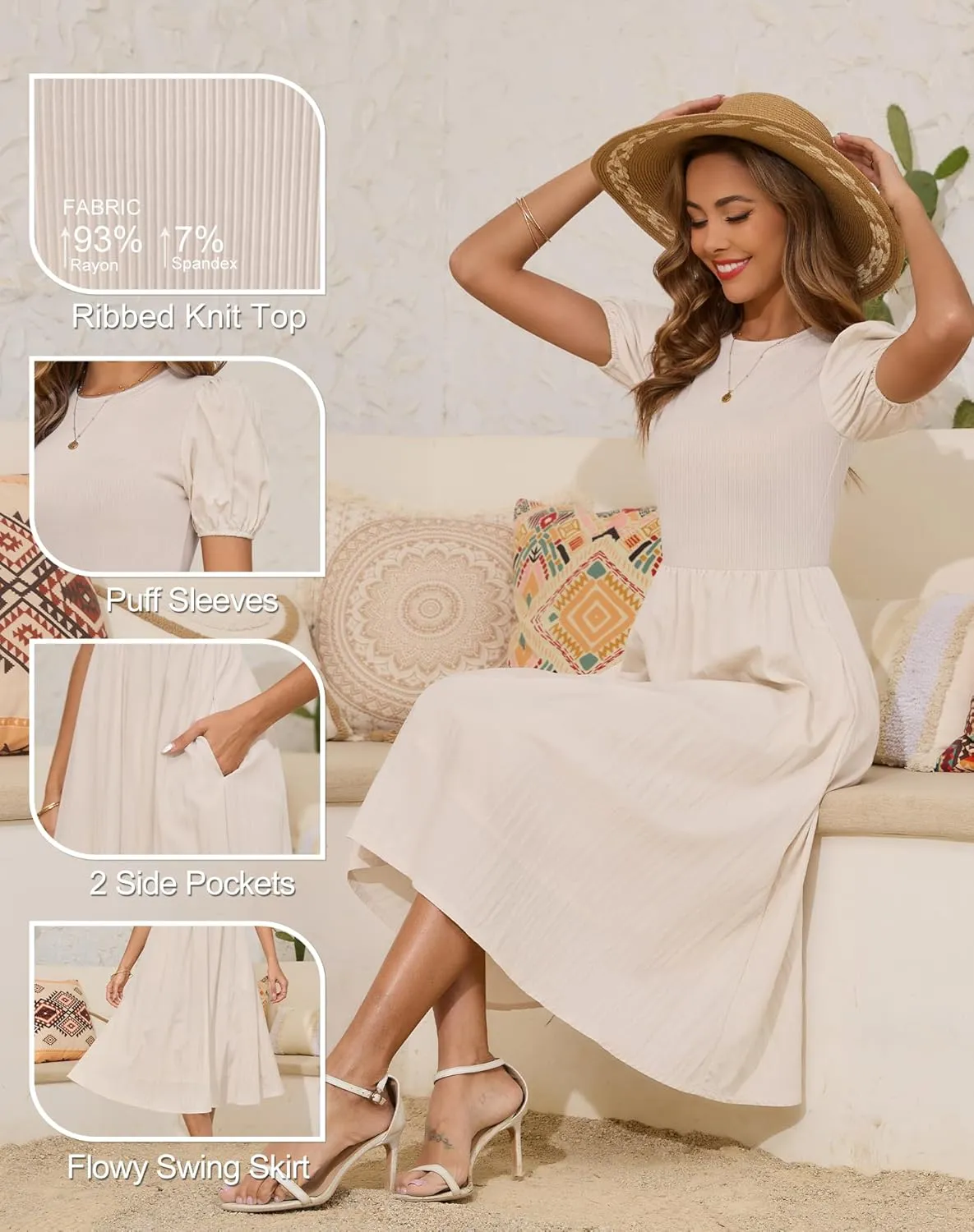Zattcas Womens 2025 Summer Casual Ribbed Midi Dress Crewneck Short Puff Sleeve Striped Fit and Flare Flowy Dress with Pockets
