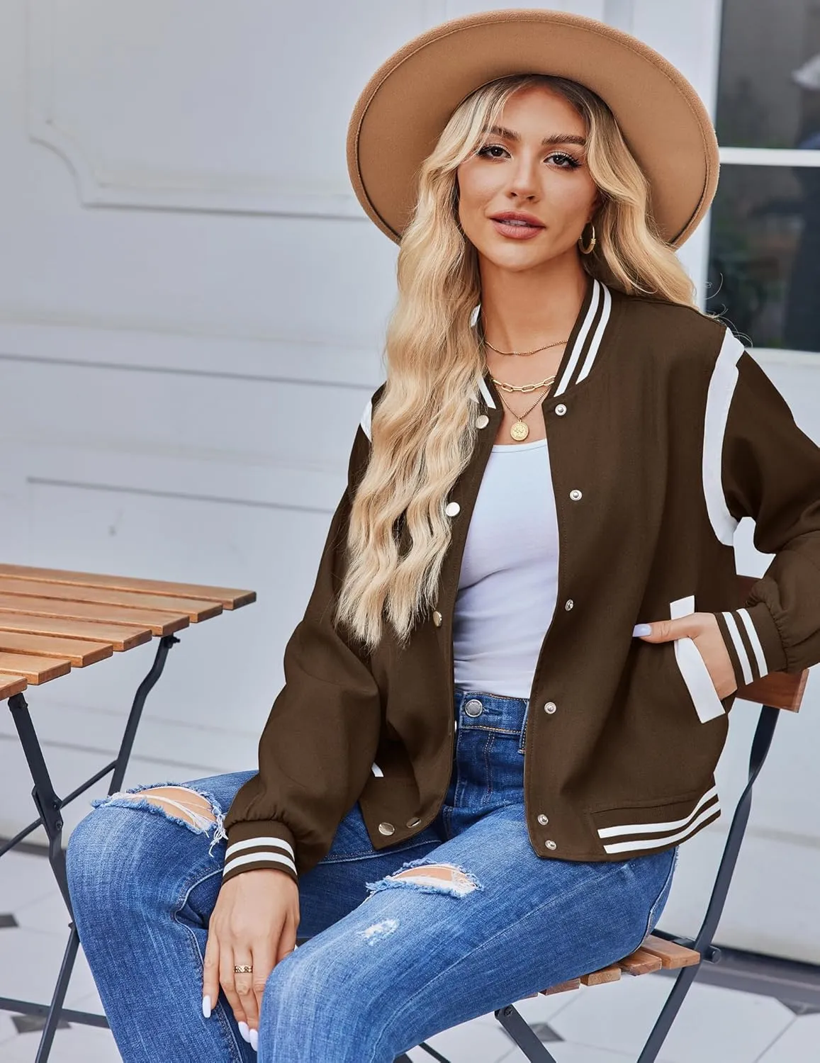 Zeagoo Bomber Jacket Women Varsity Casual Button Down Lightweight Spring Short Outwear with Pockets