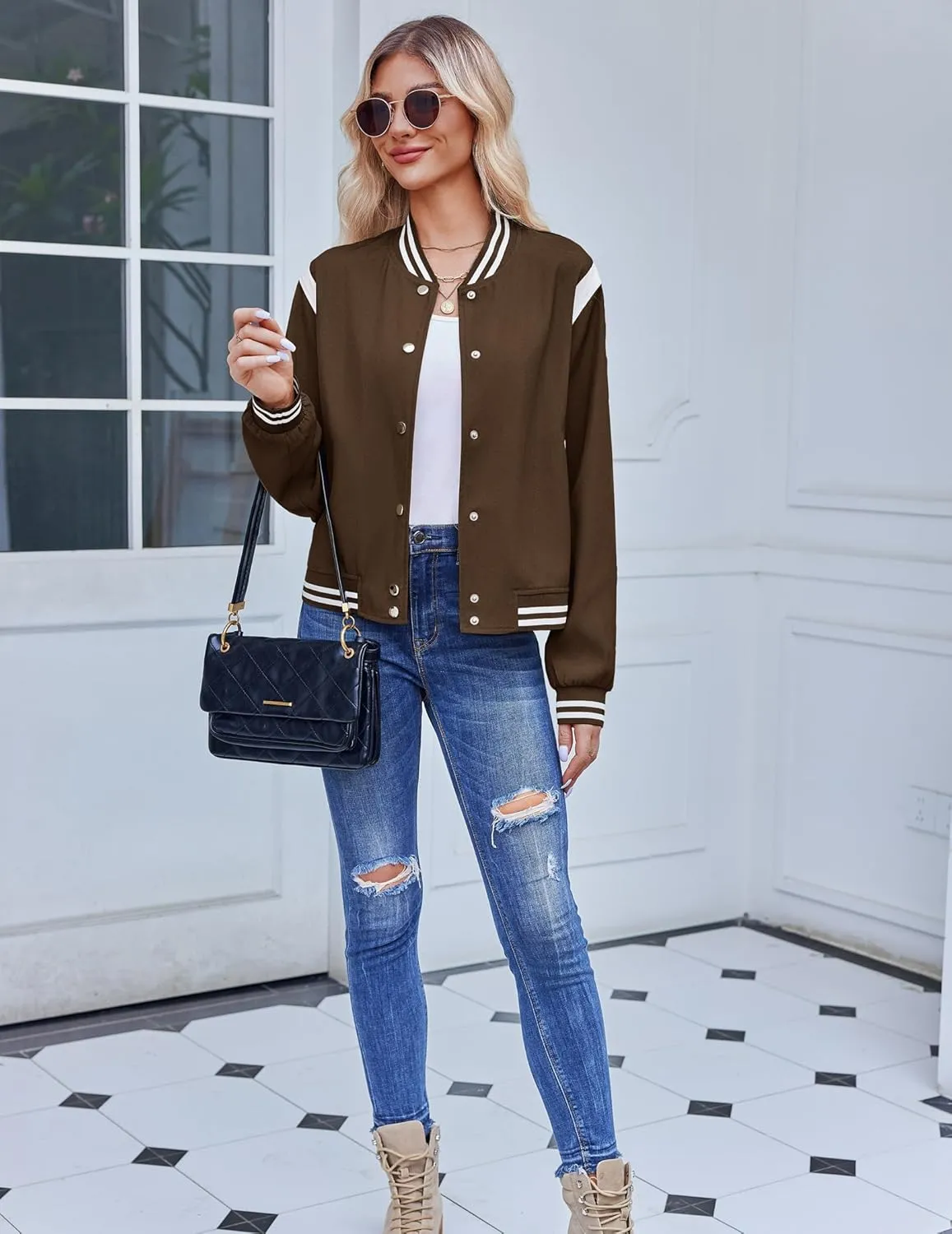Zeagoo Bomber Jacket Women Varsity Casual Button Down Lightweight Spring Short Outwear with Pockets