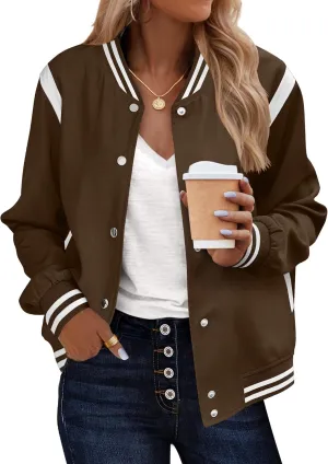 Zeagoo Bomber Jacket Women Varsity Casual Button Down Lightweight Spring Short Outwear with Pockets