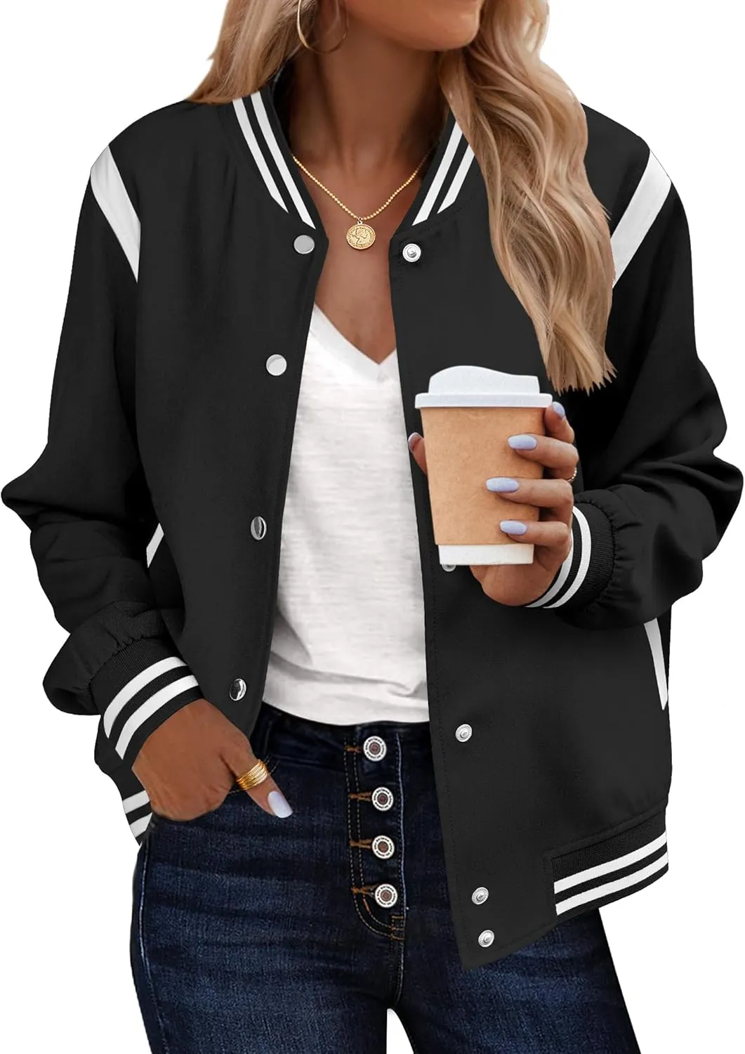 Zeagoo Bomber Jacket Women Varsity Casual Button Down Lightweight Spring Short Outwear with Pockets