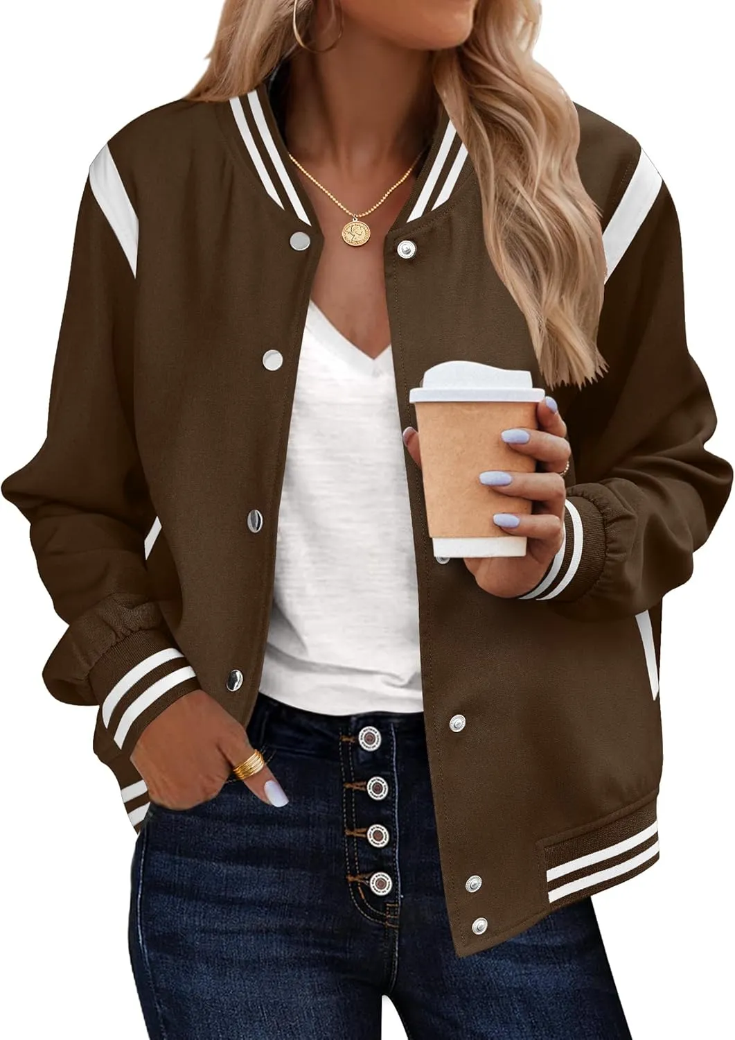 Zeagoo Bomber Jacket Women Varsity Casual Button Down Lightweight Spring Short Outwear with Pockets