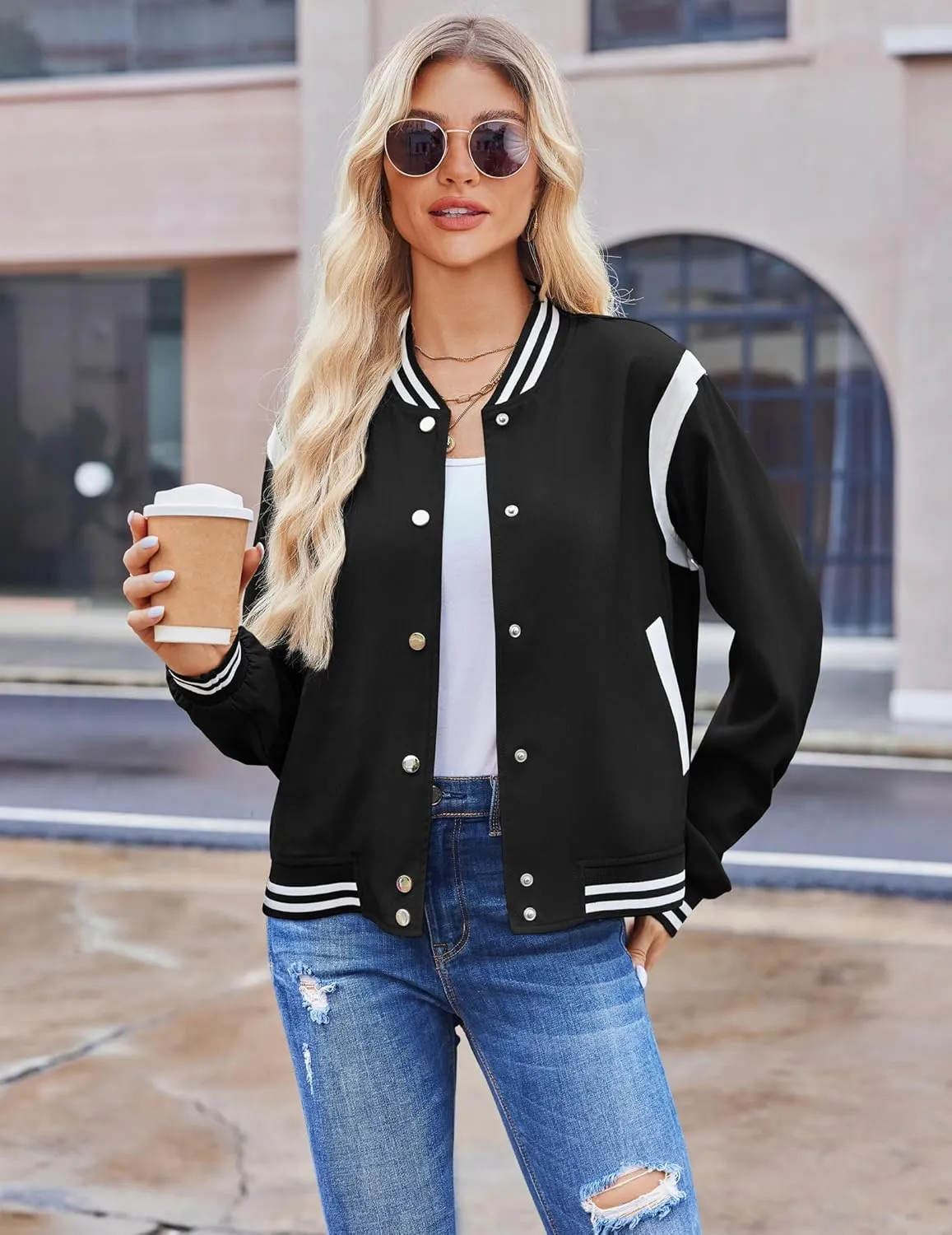 Zeagoo Bomber Jacket Women Varsity Casual Button Down Lightweight Spring Short Outwear with Pockets
