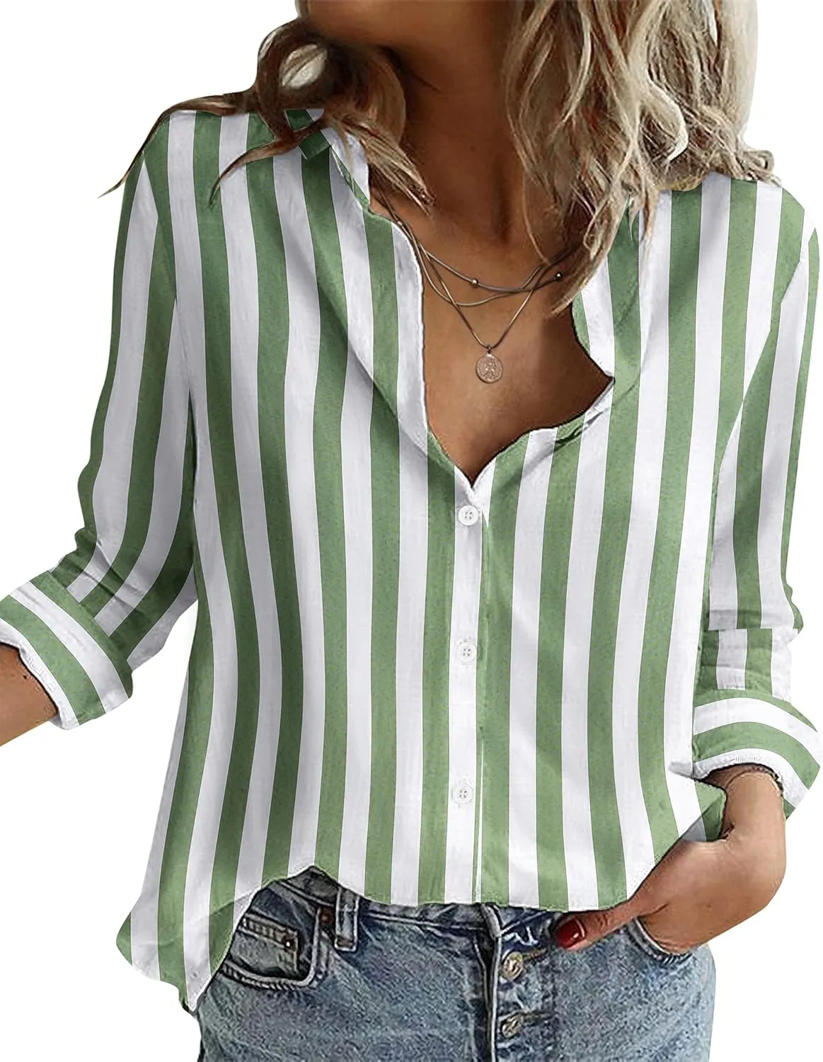 Zeagoo Button Down Shirts for Women Loose Fit Striped Long Sleeve Fall Blouse Business Casual Work Tops