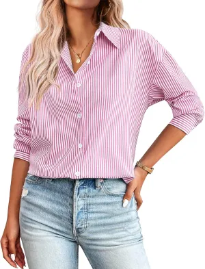 Zeagoo Striped Button Down Shirts for Women Casual Loose Long Sleeve Shirts Business Work Tunic Top