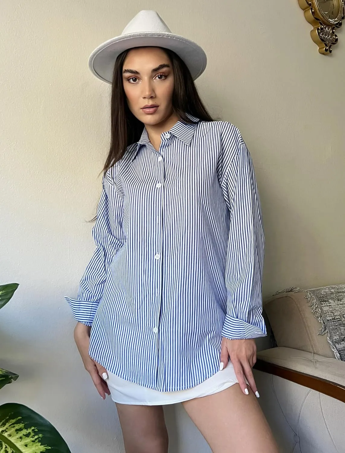 Zeagoo Striped Button Down Shirts for Women Casual Loose Long Sleeve Shirts Business Work Tunic Top