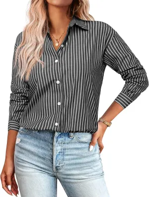 Zeagoo Striped Button Down Shirts for Women Casual Loose Long Sleeve Shirts Business Work Tunic Top