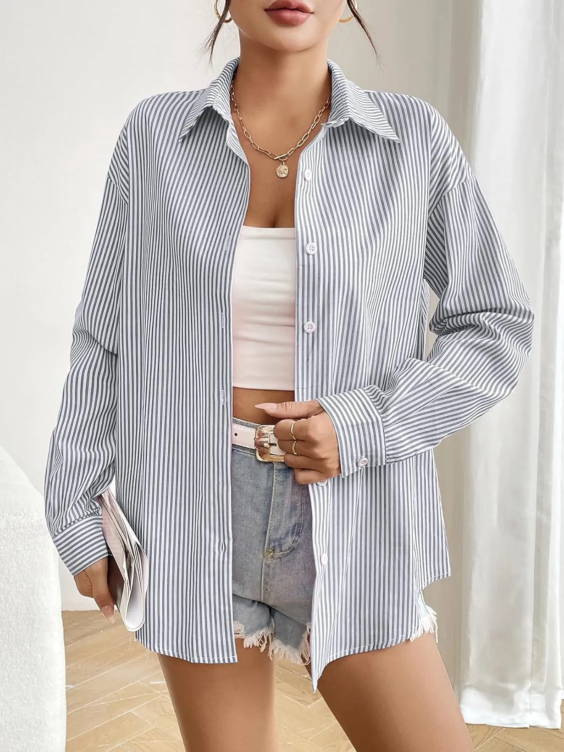 Zeagoo Striped Button Down Shirts for Women Casual Loose Long Sleeve Shirts Business Work Tunic Top