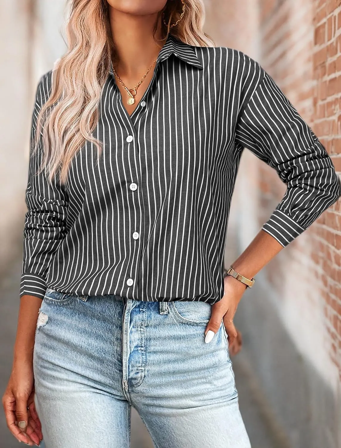 Zeagoo Striped Button Down Shirts for Women Casual Loose Long Sleeve Shirts Business Work Tunic Top