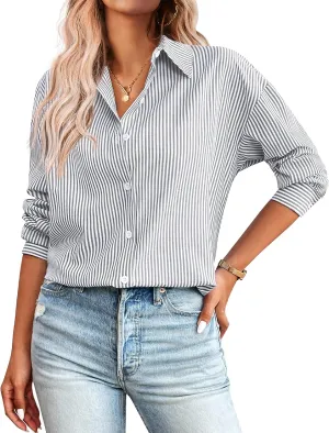 Zeagoo Striped Button Down Shirts for Women Casual Loose Long Sleeve Shirts Business Work Tunic Top