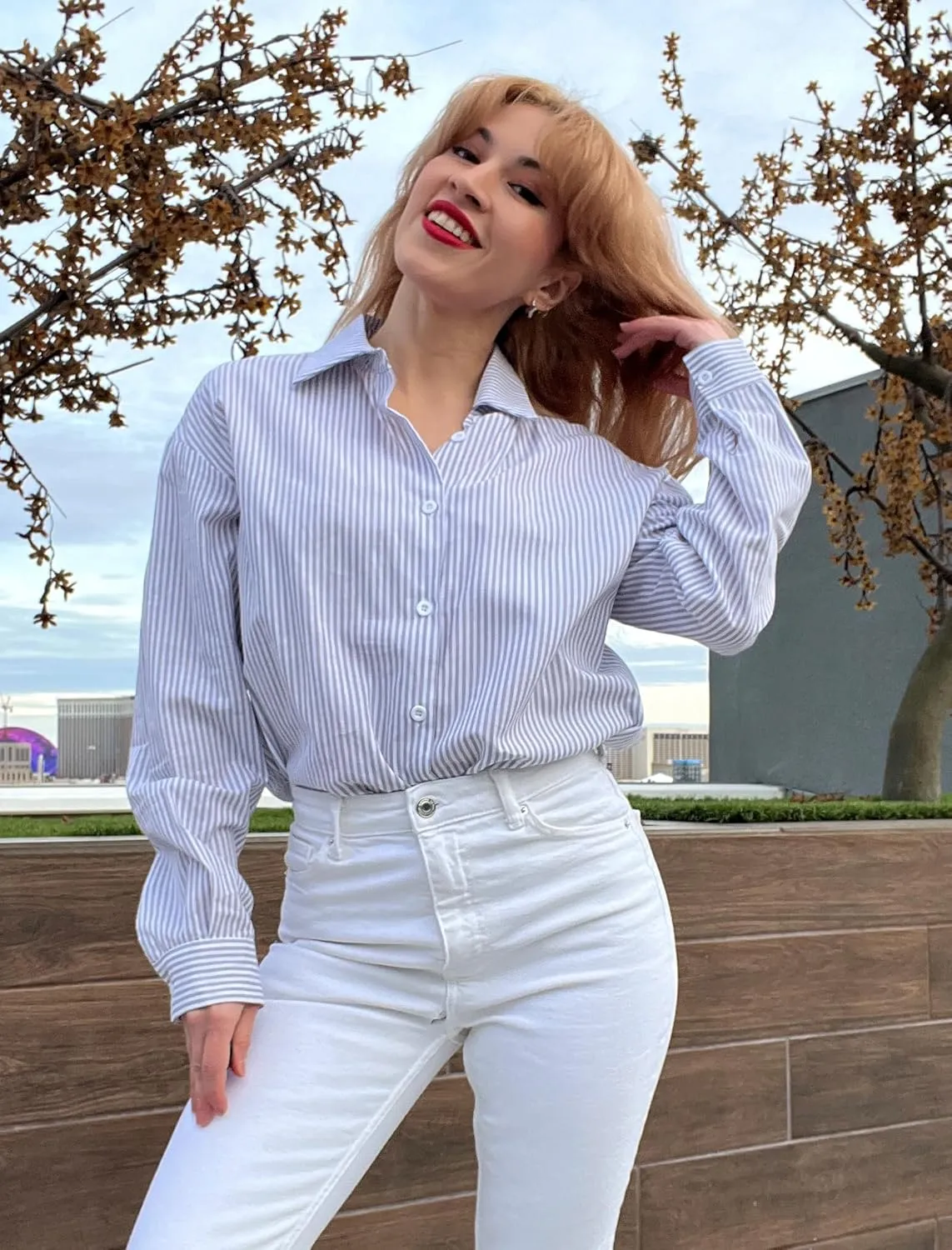 Zeagoo Striped Button Down Shirts for Women Casual Loose Long Sleeve Shirts Business Work Tunic Top