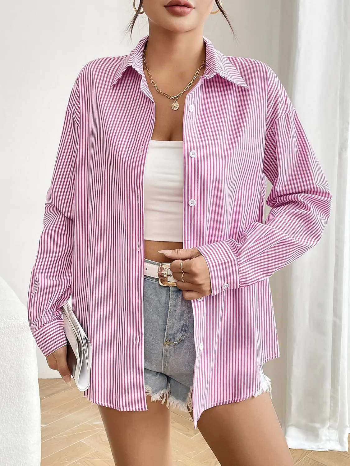 Zeagoo Striped Button Down Shirts for Women Casual Loose Long Sleeve Shirts Business Work Tunic Top