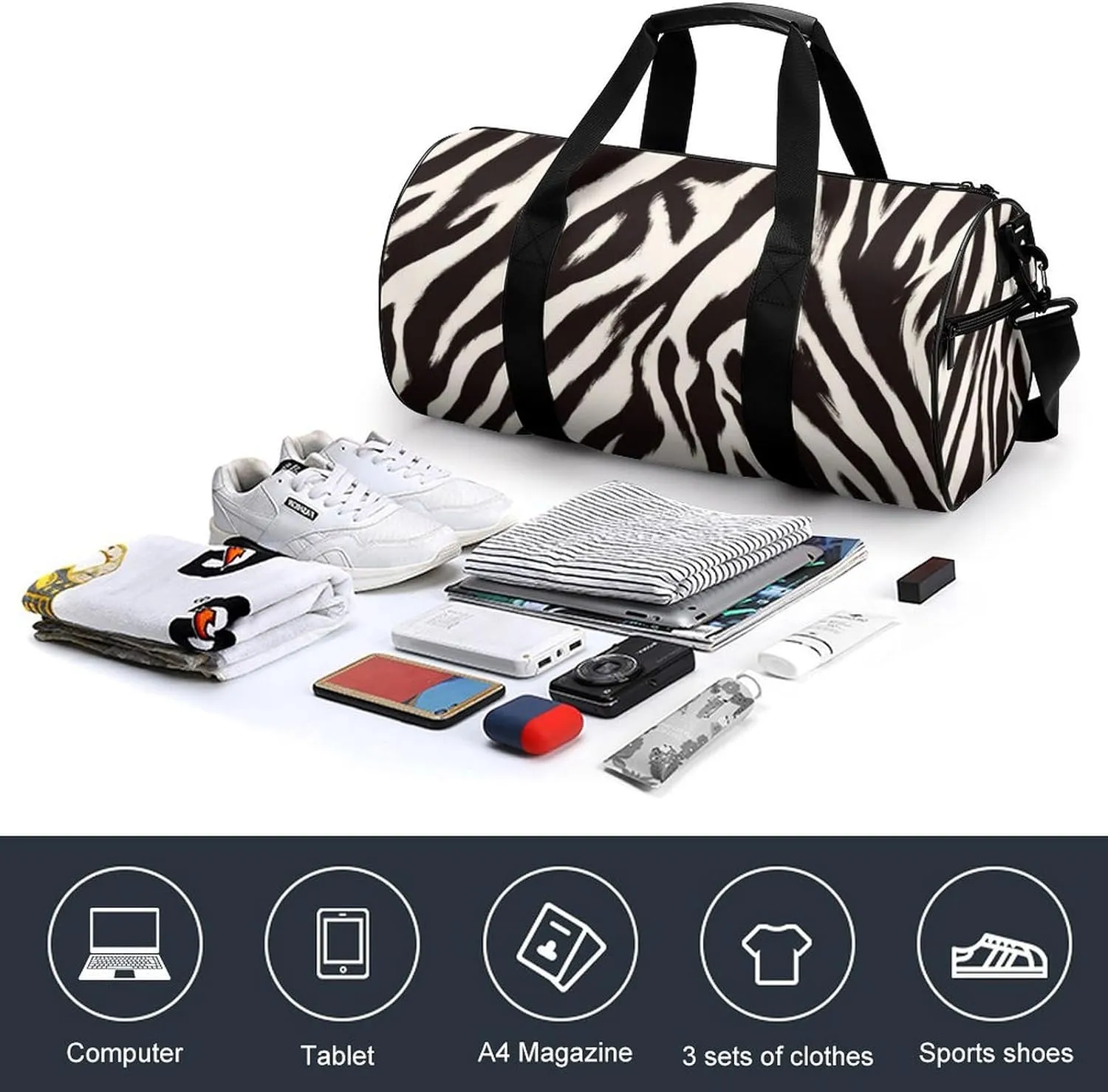 Zebra Striped Pattern Travel Gym Bag for Women Men Cylindrical Duffle Bag Sport Workout Bag with Shoulder Strap