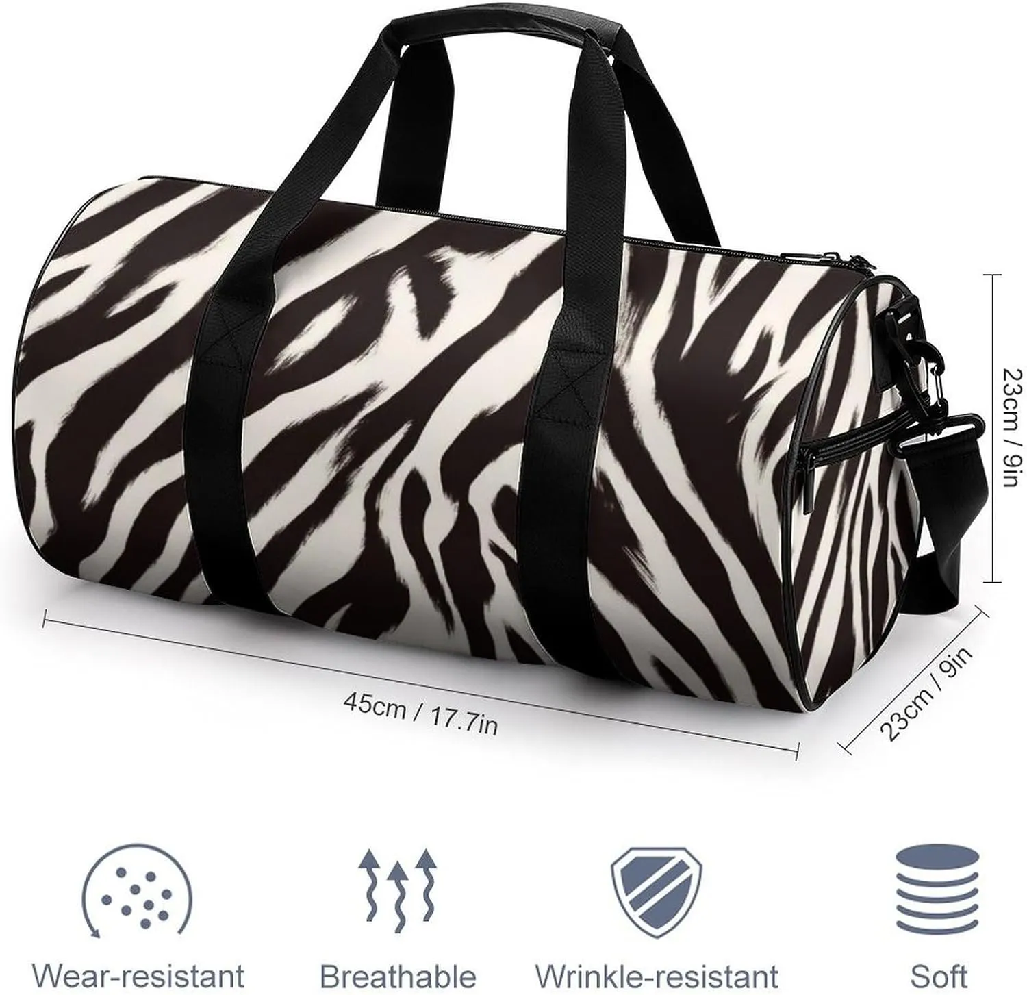 Zebra Striped Pattern Travel Gym Bag for Women Men Cylindrical Duffle Bag Sport Workout Bag with Shoulder Strap