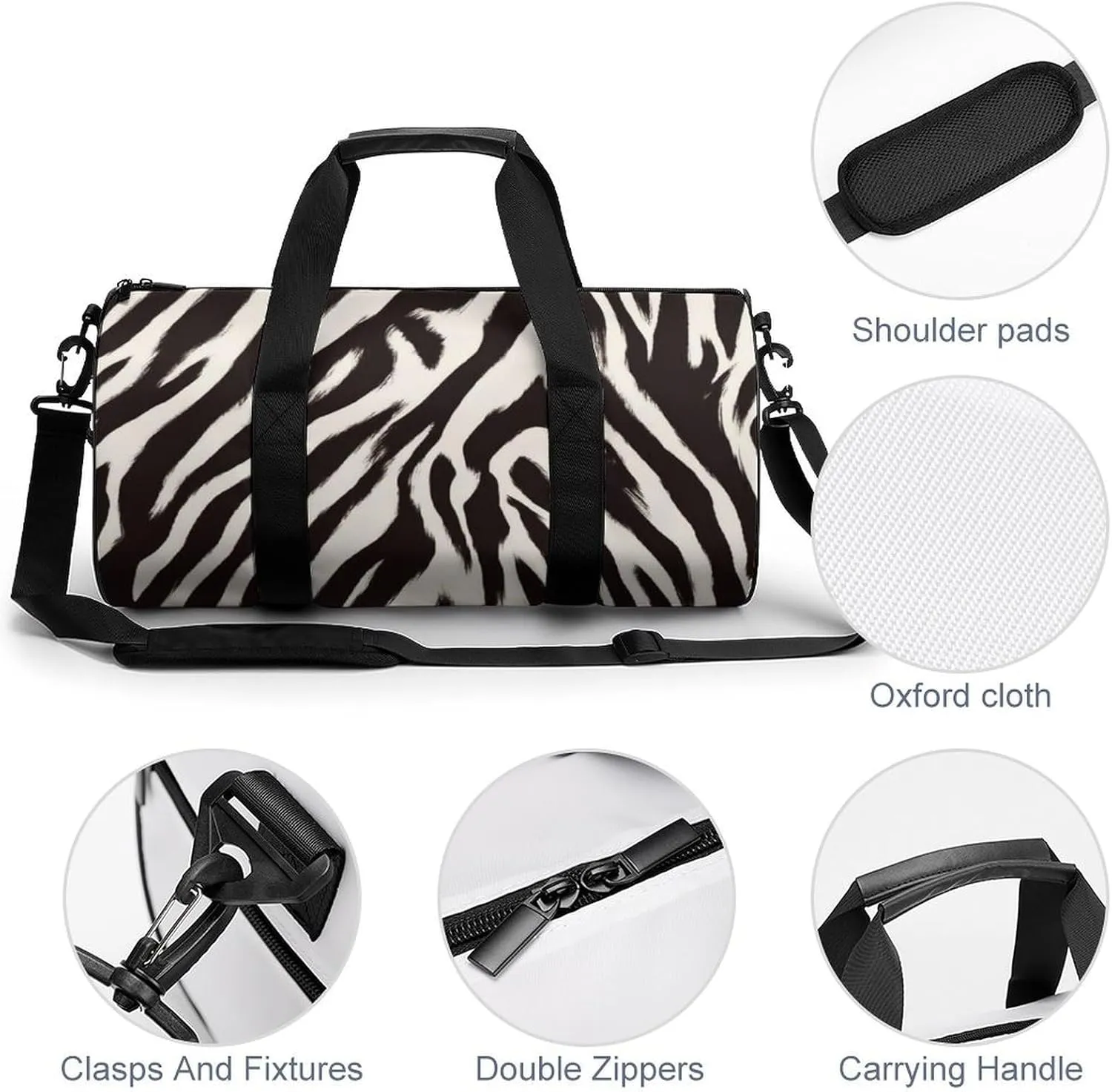 Zebra Striped Pattern Travel Gym Bag for Women Men Cylindrical Duffle Bag Sport Workout Bag with Shoulder Strap