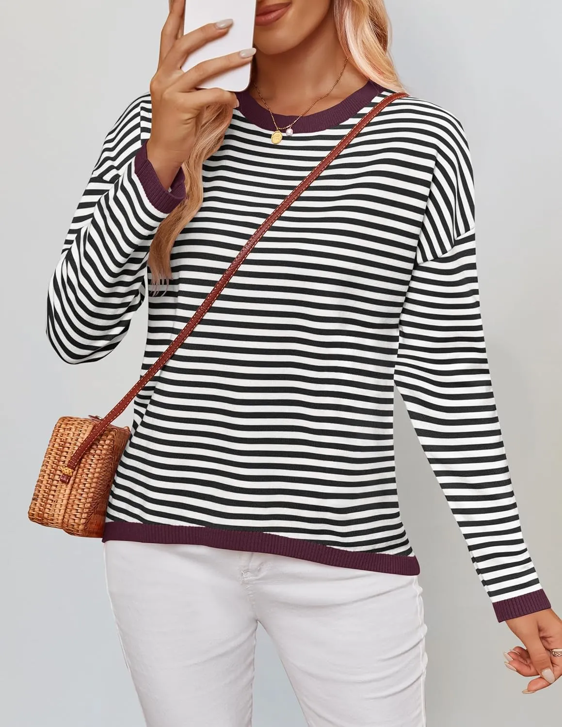 ZESICA Womens Spring Striped Sweaters Long Sleeve Crew Neck Shirts Color Block Lightweight Pullover Tops