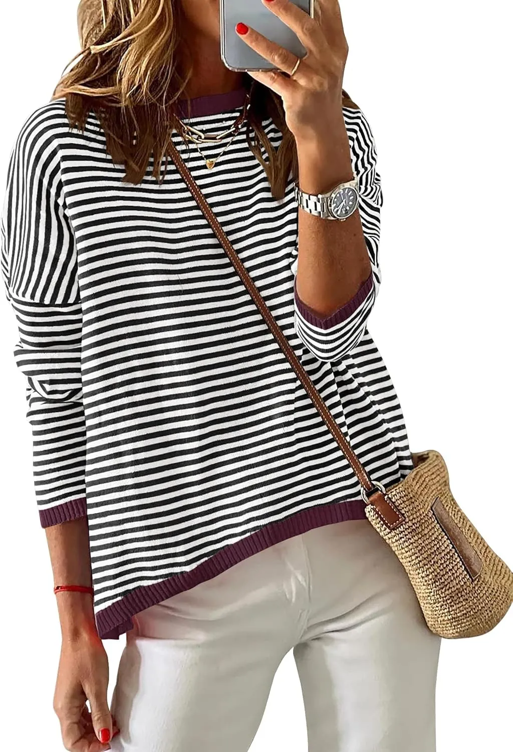 ZESICA Womens Spring Striped Sweaters Long Sleeve Crew Neck Shirts Color Block Lightweight Pullover Tops