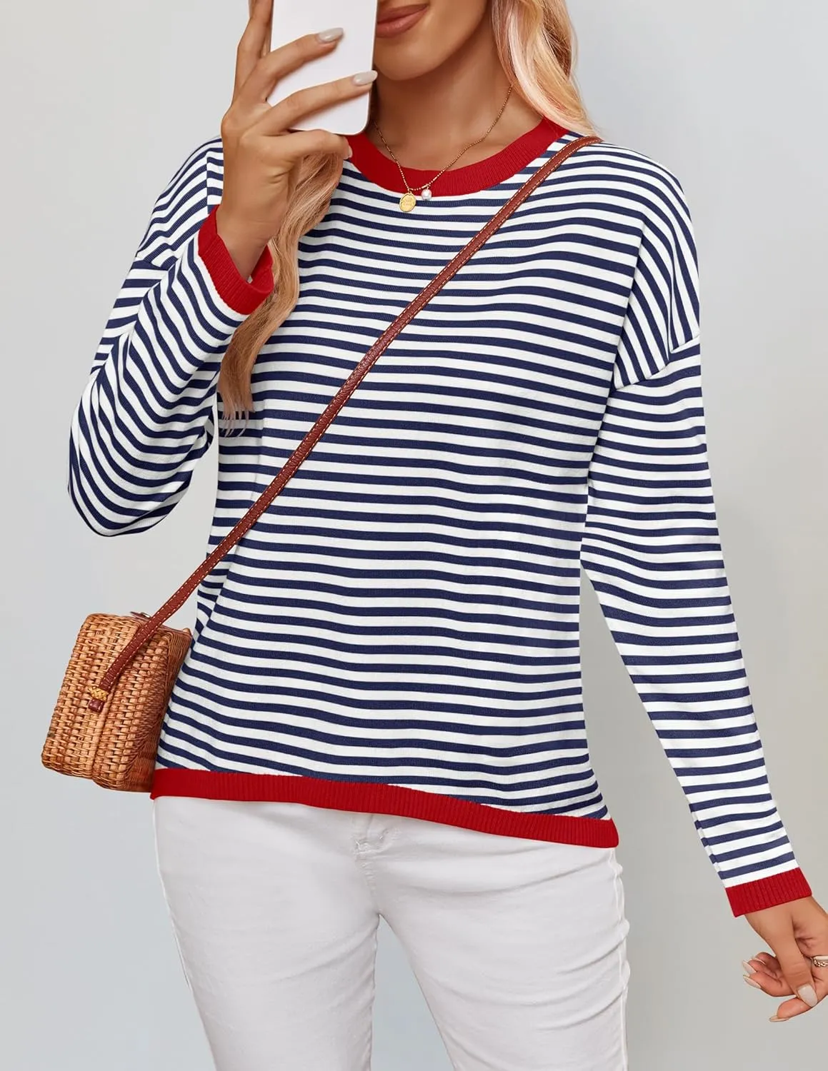 ZESICA Womens Spring Striped Sweaters Long Sleeve Crew Neck Shirts Color Block Lightweight Pullover Tops