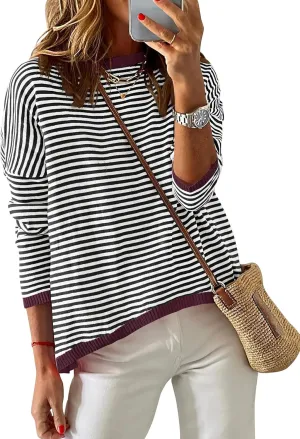 ZESICA Womens Spring Striped Sweaters Long Sleeve Crew Neck Shirts Color Block Lightweight Pullover Tops