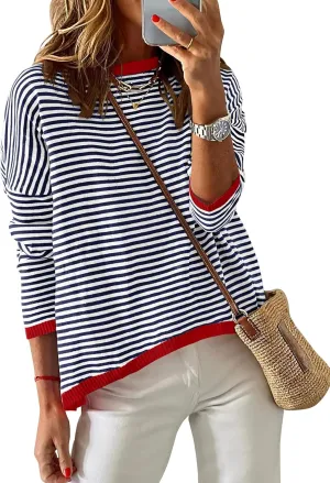 ZESICA Womens Spring Striped Sweaters Long Sleeve Crew Neck Shirts Color Block Lightweight Pullover Tops