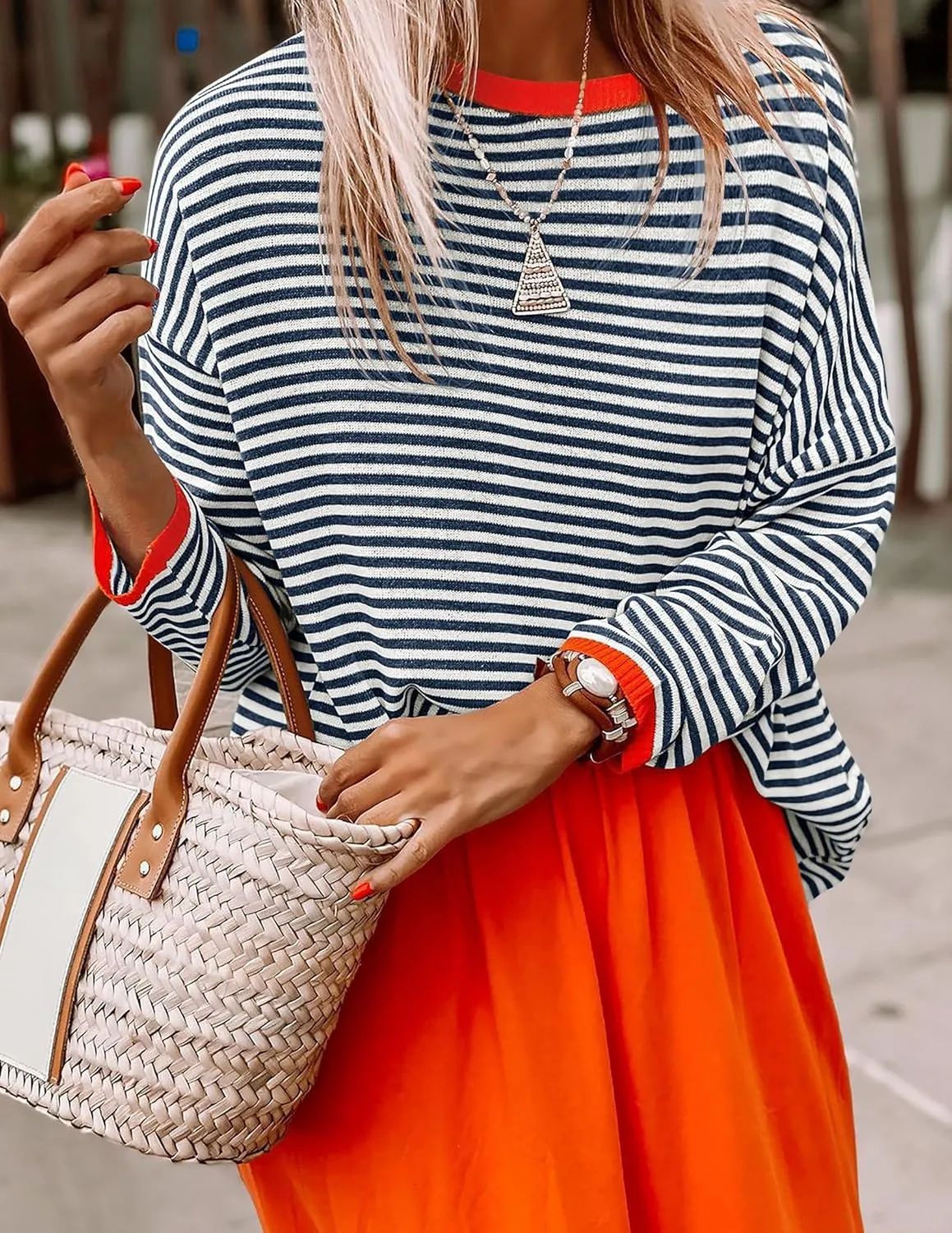 ZESICA Womens Spring Striped Sweaters Long Sleeve Crew Neck Shirts Color Block Lightweight Pullover Tops
