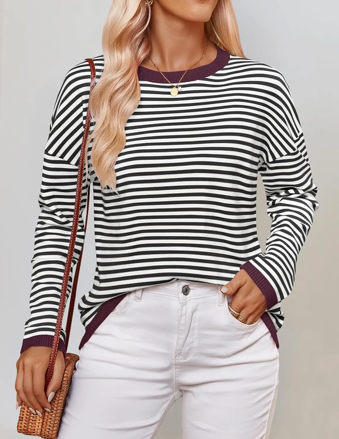ZESICA Womens Spring Striped Sweaters Long Sleeve Crew Neck Shirts Color Block Lightweight Pullover Tops