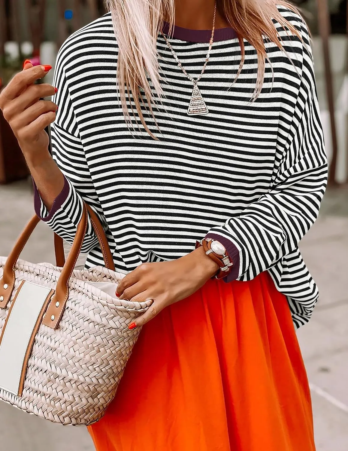 ZESICA Womens Spring Striped Sweaters Long Sleeve Crew Neck Shirts Color Block Lightweight Pullover Tops