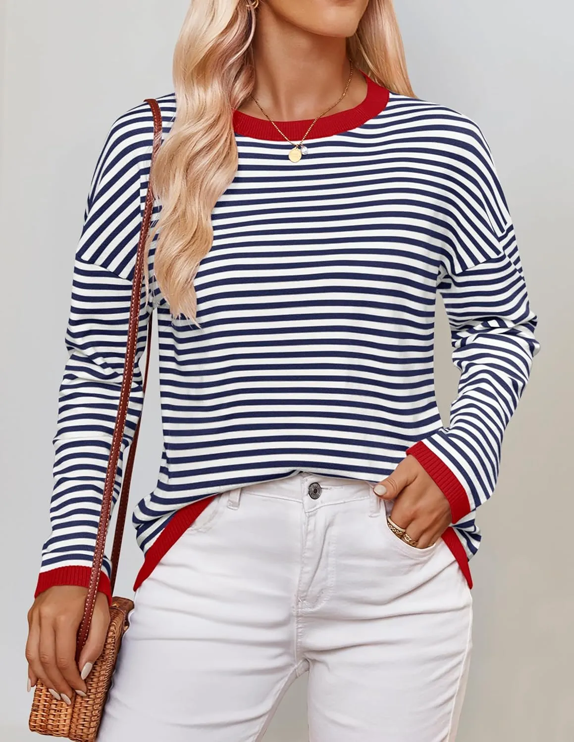 ZESICA Womens Spring Striped Sweaters Long Sleeve Crew Neck Shirts Color Block Lightweight Pullover Tops