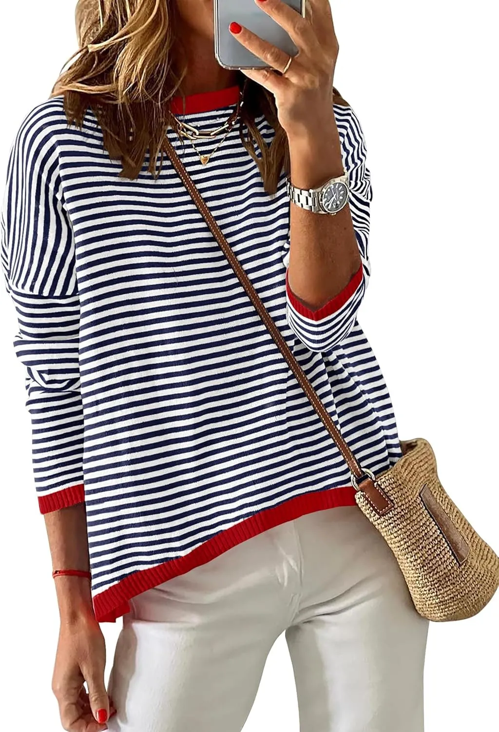 ZESICA Womens Spring Striped Sweaters Long Sleeve Crew Neck Shirts Color Block Lightweight Pullover Tops