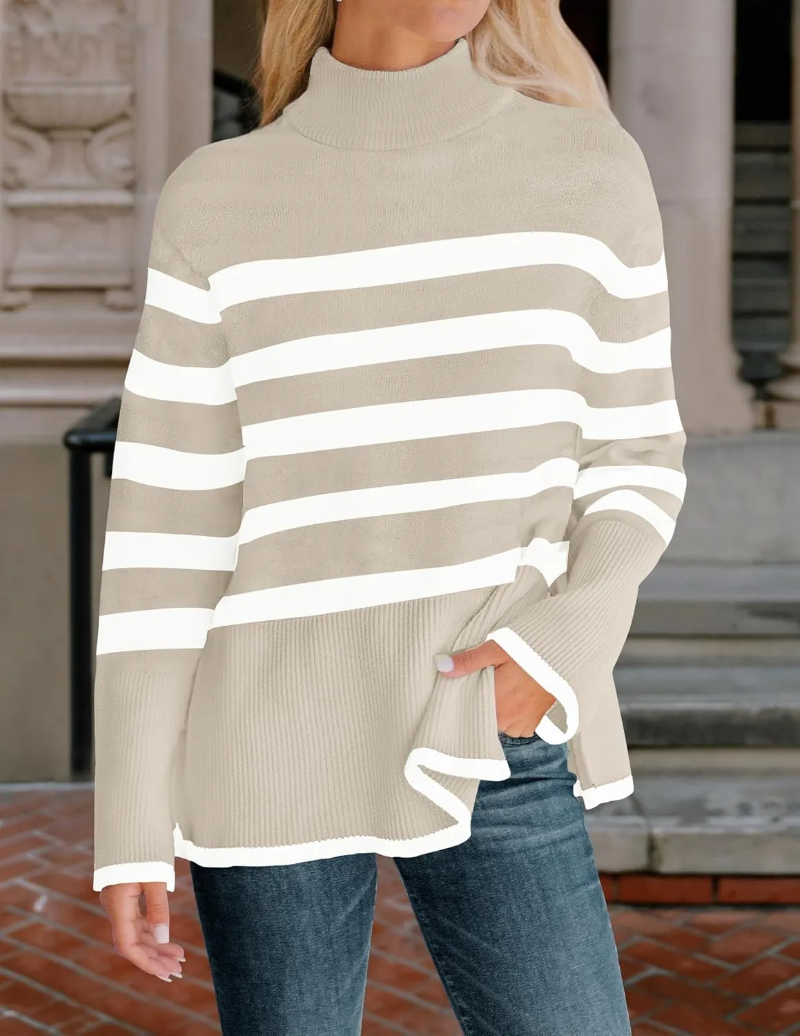 ZESICA Women's Winter Sweaters Casual Turtleneck Long Sleeve Striped Side Slit Loose Pullover Sweater Jumper Tops