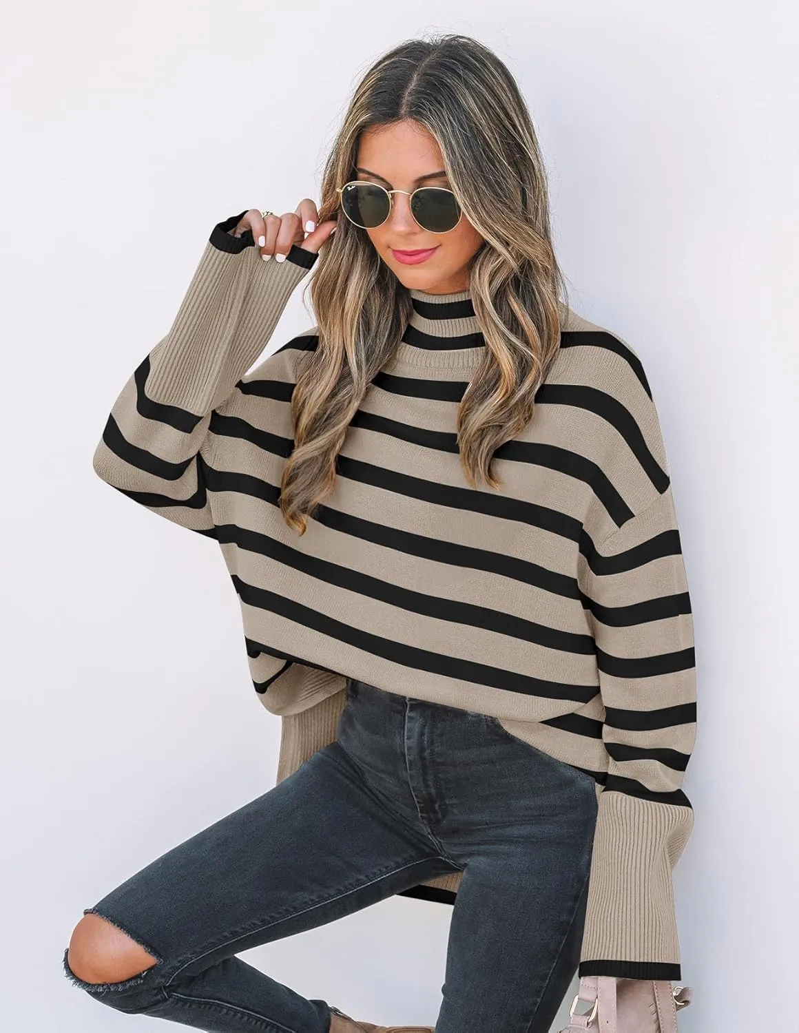 ZESICA Women's Winter Sweaters Casual Turtleneck Long Sleeve Striped Side Slit Loose Pullover Sweater Jumper Tops