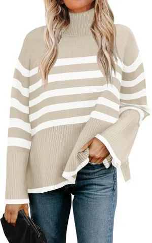 ZESICA Women's Winter Sweaters Casual Turtleneck Long Sleeve Striped Side Slit Loose Pullover Sweater Jumper Tops