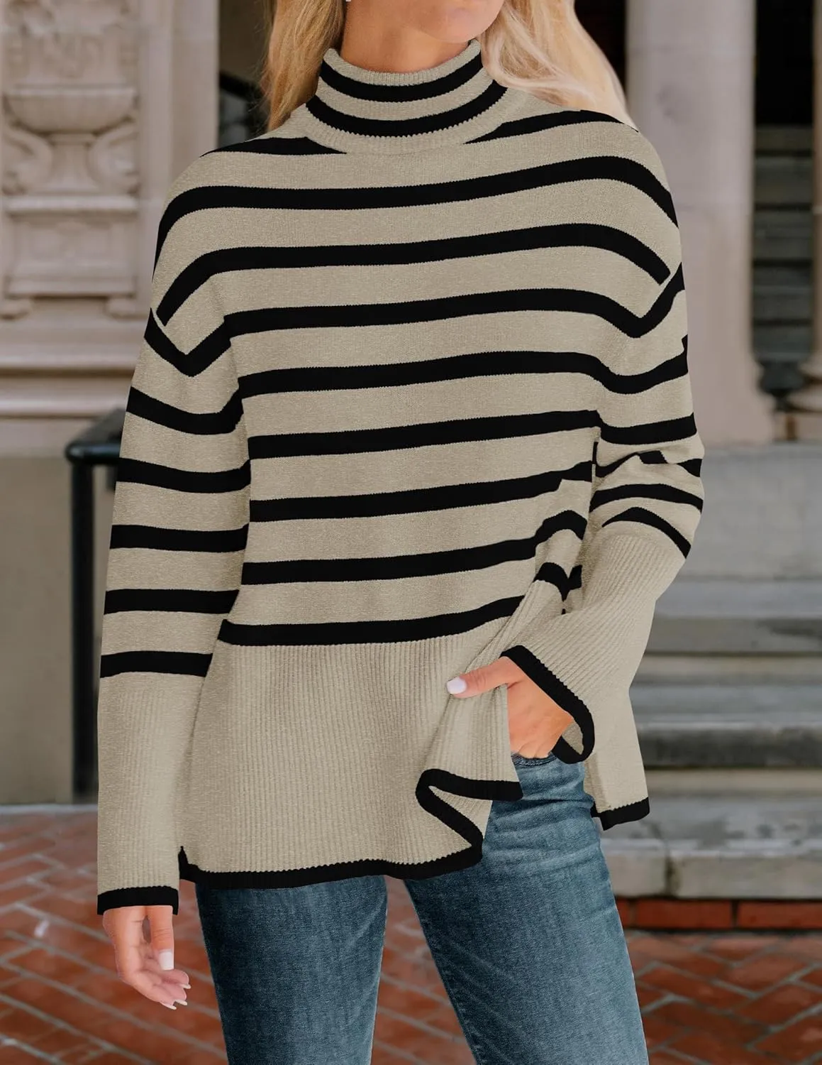 ZESICA Women's Winter Sweaters Casual Turtleneck Long Sleeve Striped Side Slit Loose Pullover Sweater Jumper Tops