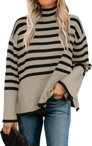 ZESICA Women's Winter Sweaters Casual Turtleneck Long Sleeve Striped Side Slit Loose Pullover Sweater Jumper Tops
