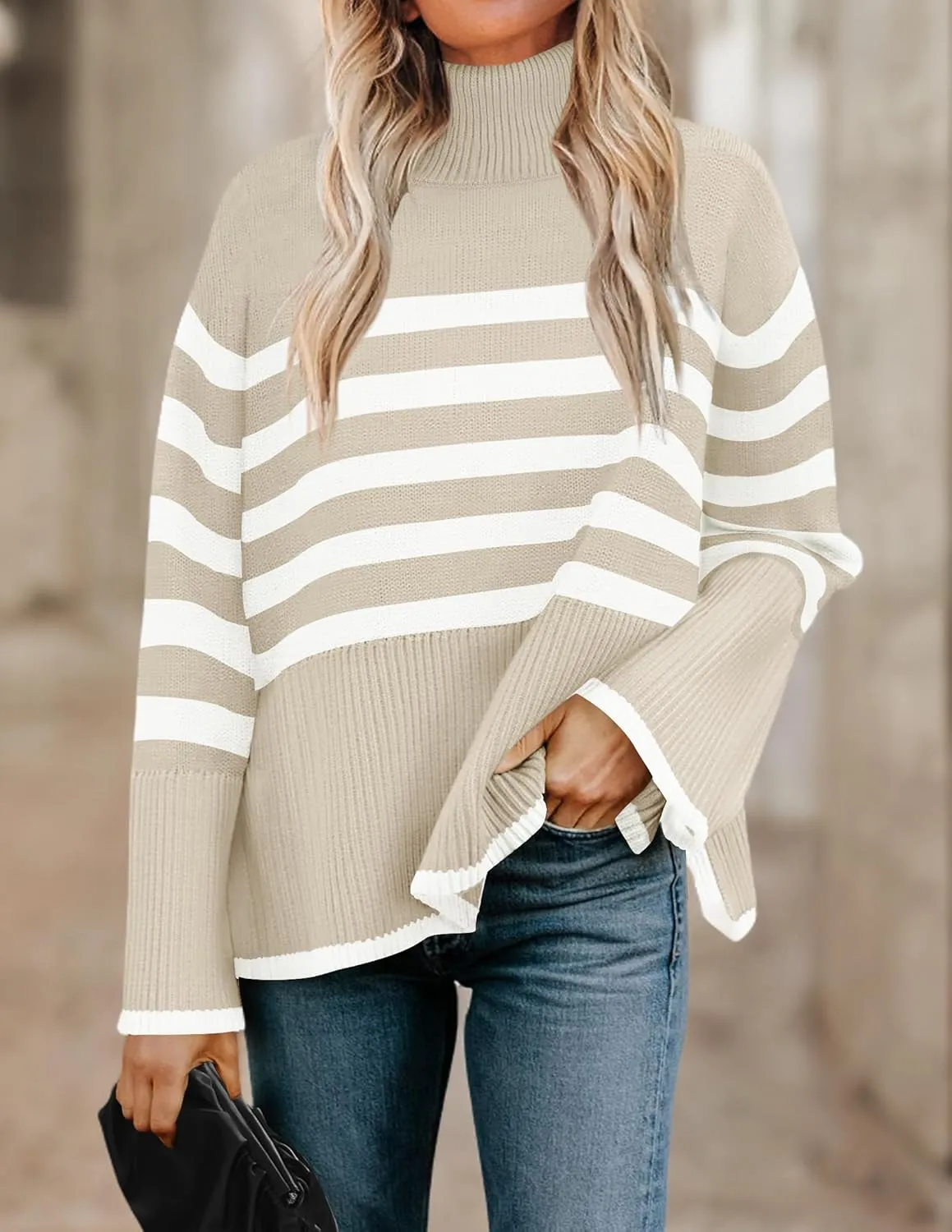 ZESICA Women's Winter Sweaters Casual Turtleneck Long Sleeve Striped Side Slit Loose Pullover Sweater Jumper Tops