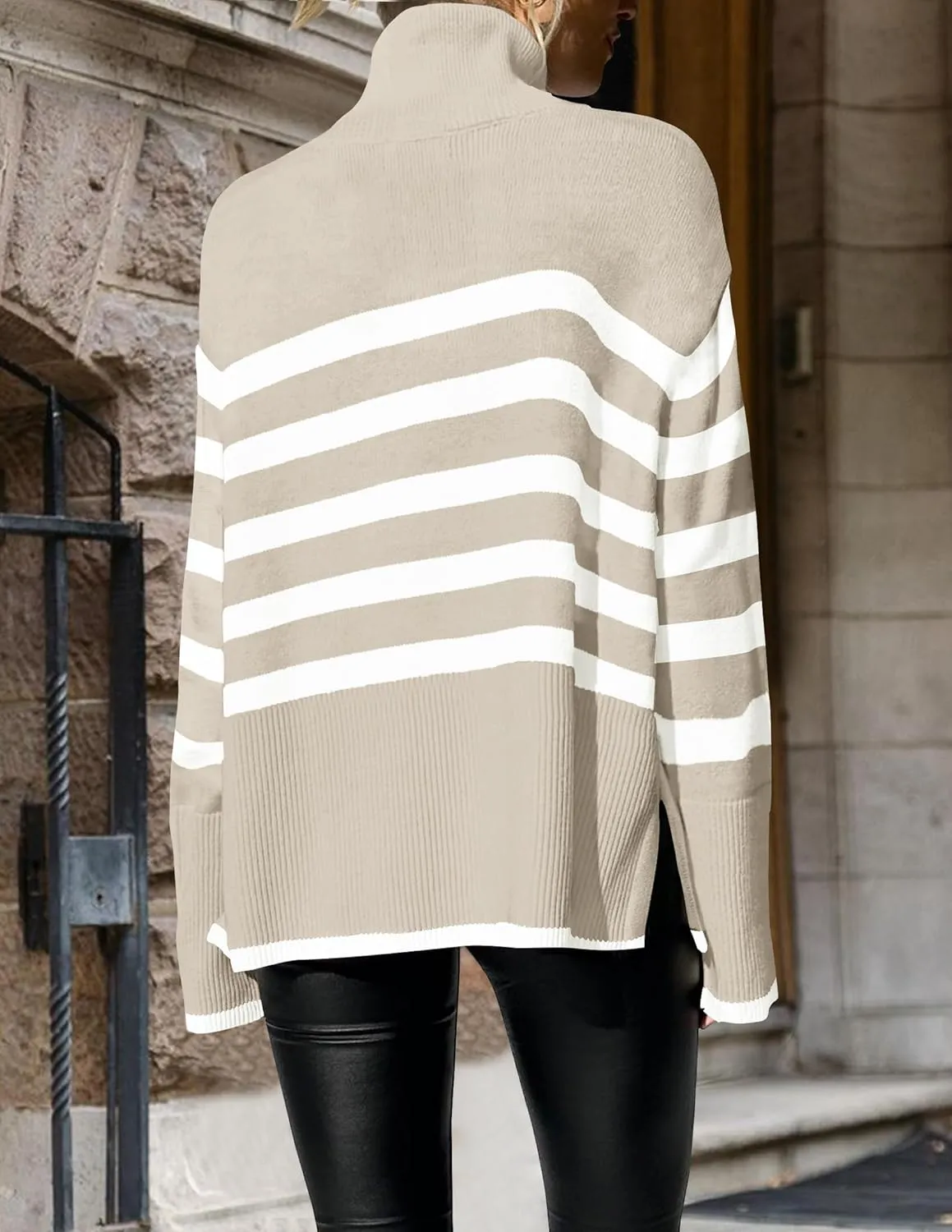 ZESICA Women's Winter Sweaters Casual Turtleneck Long Sleeve Striped Side Slit Loose Pullover Sweater Jumper Tops