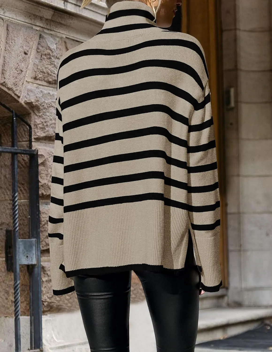 ZESICA Women's Winter Sweaters Casual Turtleneck Long Sleeve Striped Side Slit Loose Pullover Sweater Jumper Tops