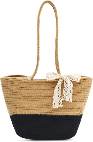 Zondashin Two-Tone Straw Tote Bag with Lace Bow - Stylish Summer Beach Handbag for Women, Lightweight and Spacious, White