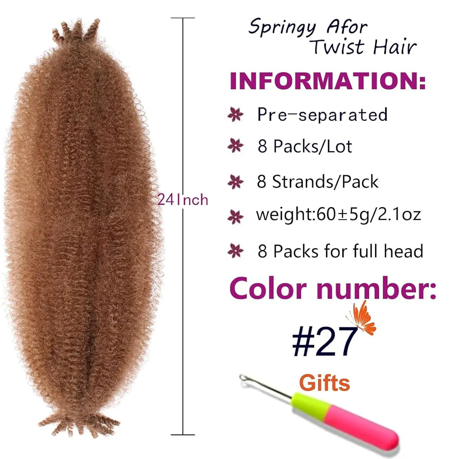 ZRQ 24 Inch Pre-Fluffed Springy Afro Twist Hair For Distressed Butterfly Locs 8 Packs Honey Blond Marley Crochet Braiding Hair Synthetic Hair Extension For Black Women 8 Strands/Pack (27#)