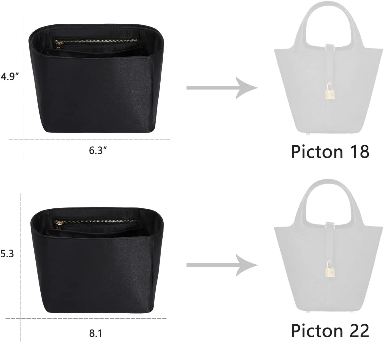 ZTUJO Picotin 18 Organizer Hermes, Picotin bag insert, Luxury Purse Organizer Insert Silky Smooth Fits Picotin 22 Bags（Black